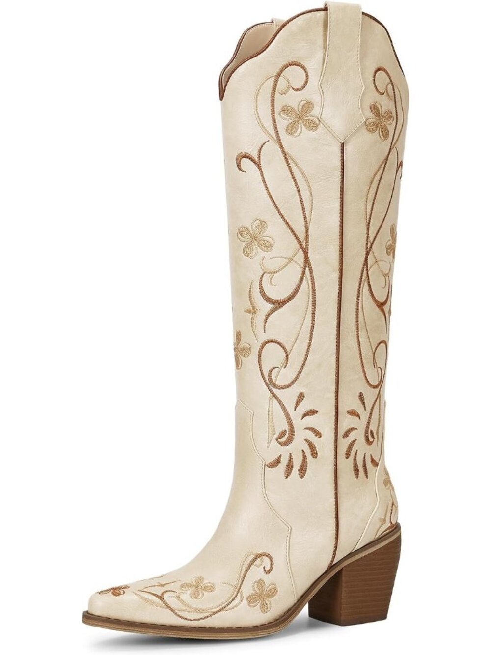 Women's White Floral Embroidered Pull On Casual Block Heel Cowgirl Boots